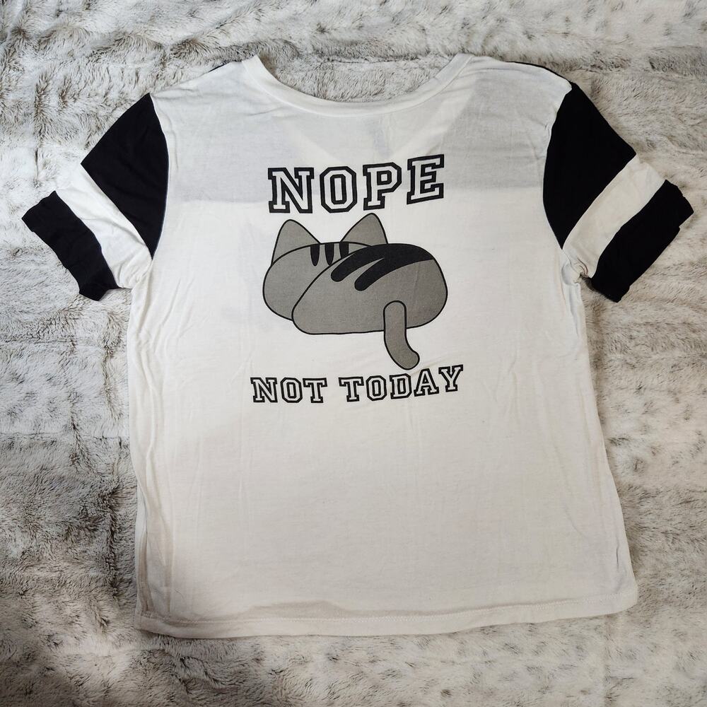 Electric Pink Black and White Graphic V Neck Cute Kitty Nope Not Today Top - M